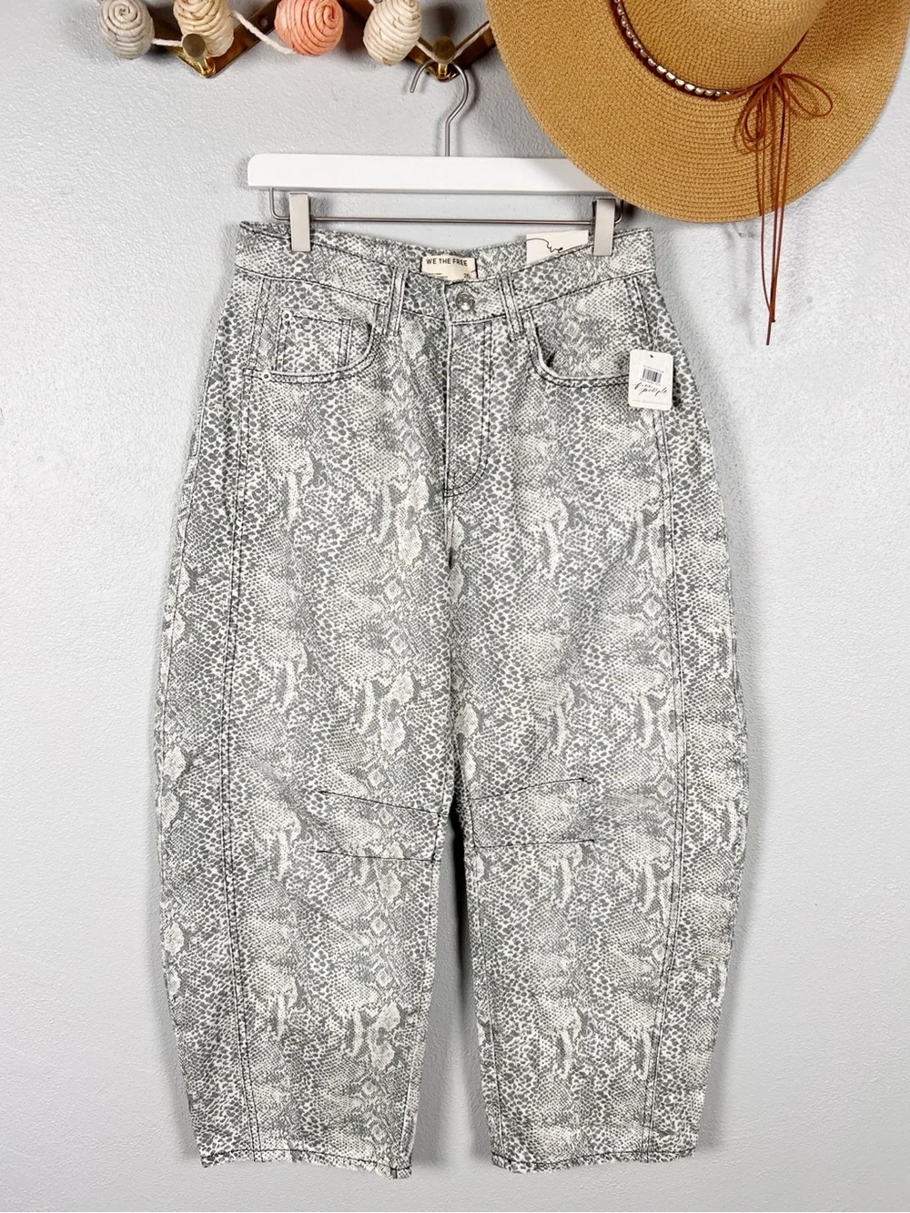 Free People Good Luck Mid-Rise Barrel Jeans in Snake Combo Size 26